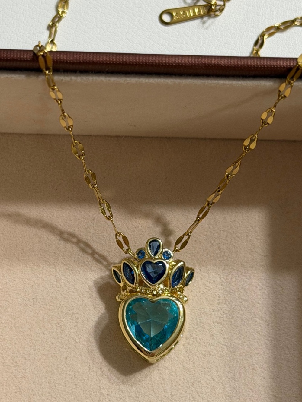 Golden Blue Zirconia Crown Heart Pendant Stainless Steel Stamped Necklace Chain